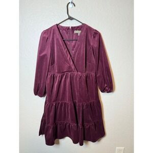 Melonie Purple Corduroy Tiered Mini Dress V-Neck 3/4 Sleeve Women's Size 6